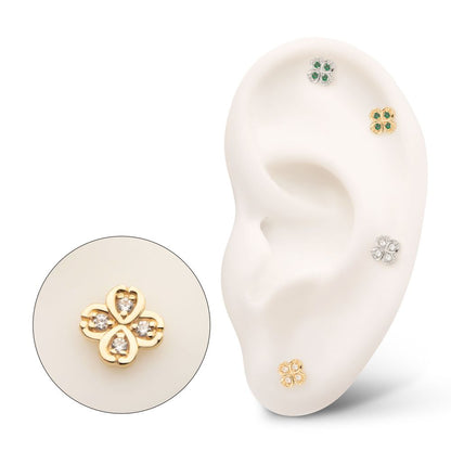 14Kt Gold Threadless 4 Leaf Clover with Prong Gem Accents Top