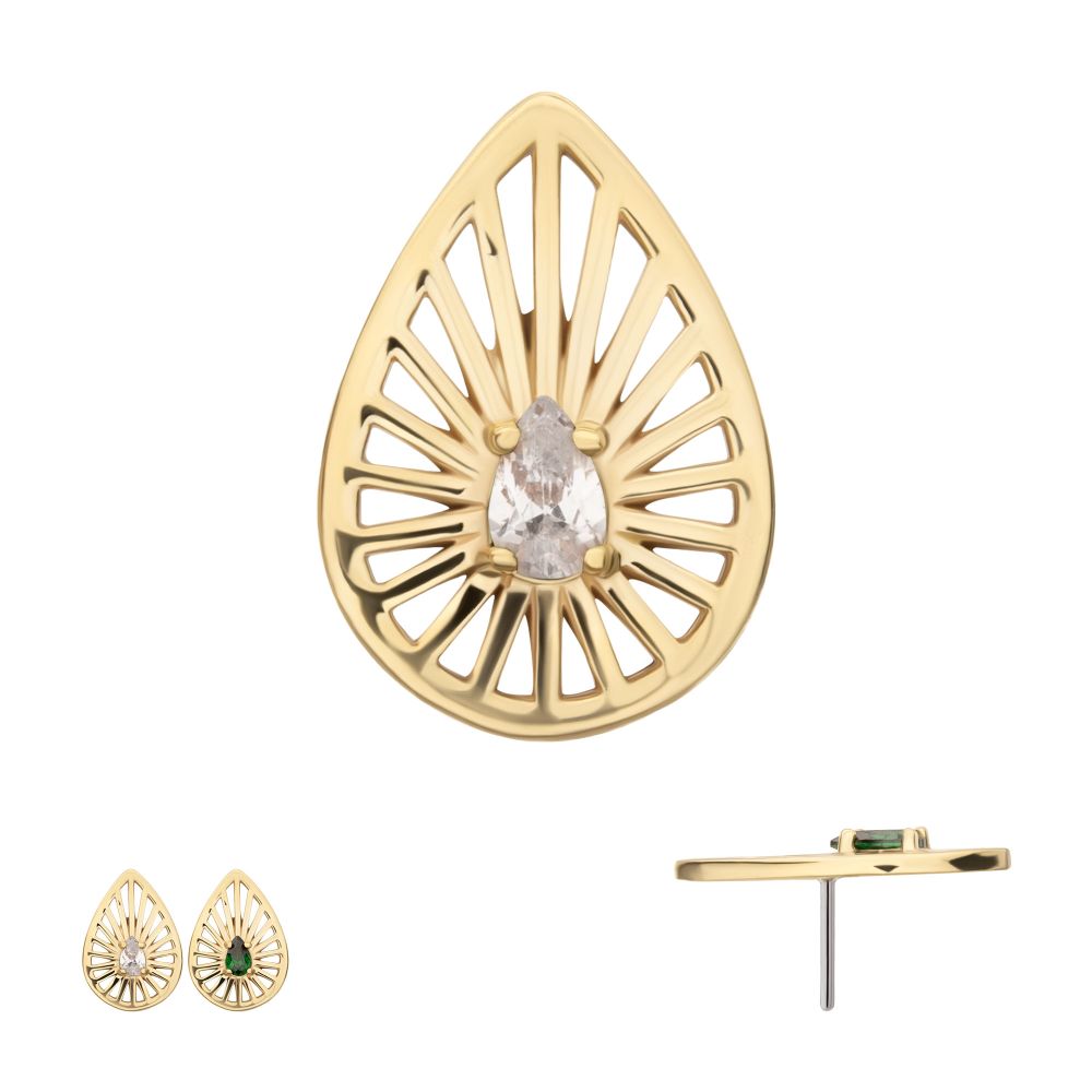 14Kt Yellow Gold Threadless Prong Set Teardrop CZ Gem on a Radiant Teardrop Shape Top