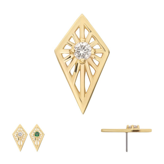 14Kt Yellow Gold Threadless Prong Set Round CZ Gem on a Radiant Kite Shape Top