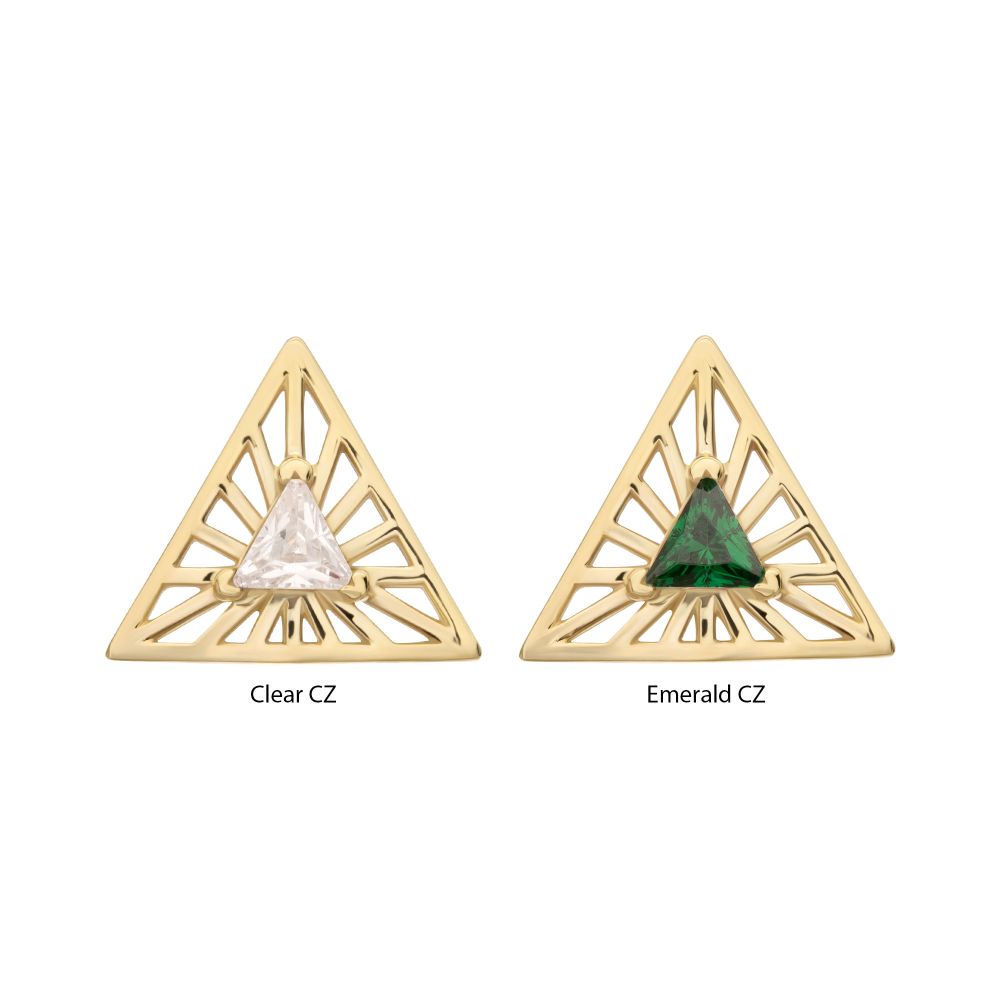 14Kt Yellow Gold Threadless Prong Set Triangle CZ Gem on a Radiant Triangle Shape Top