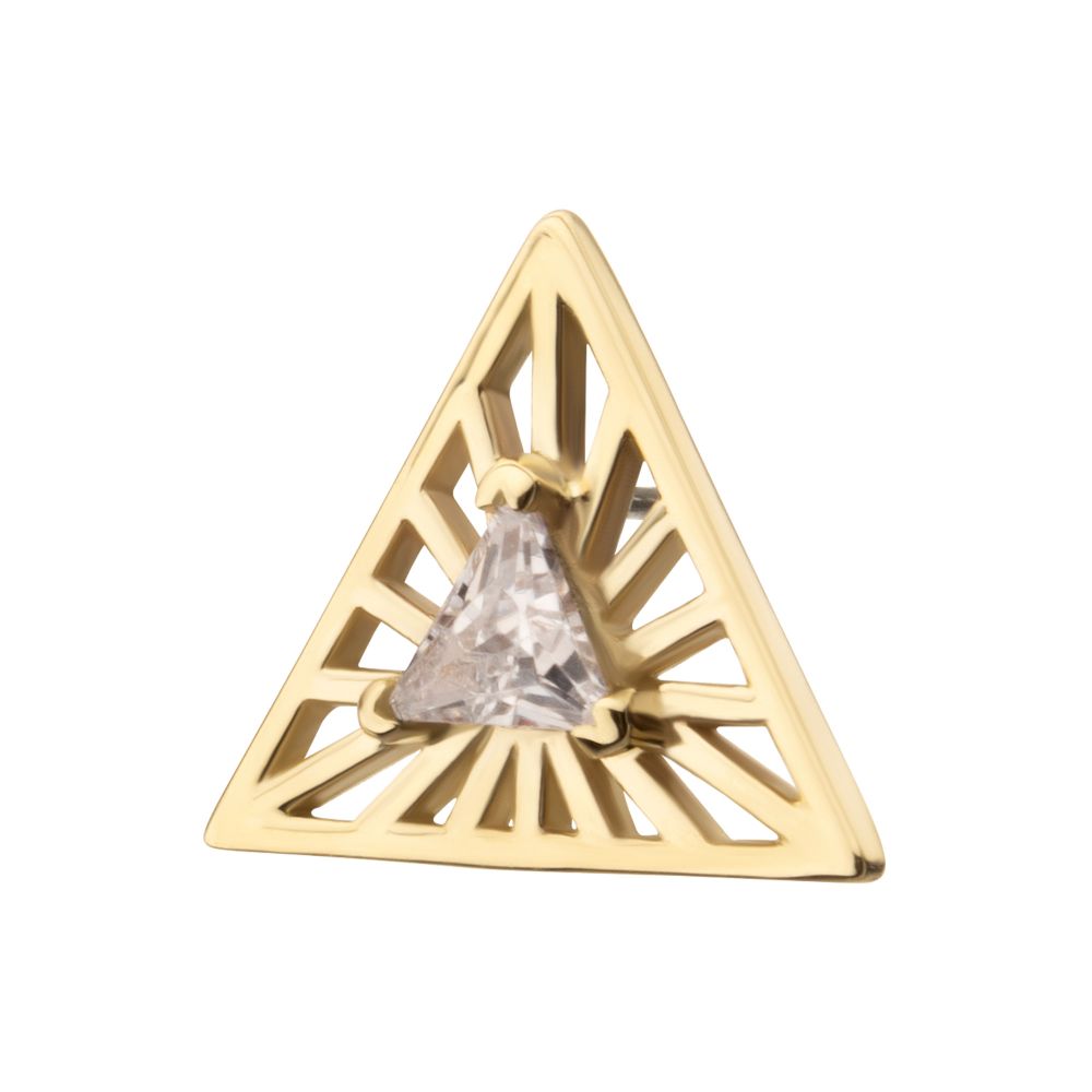 14Kt Yellow Gold Threadless Prong Set Triangle CZ Gem on a Radiant Triangle Shape Top