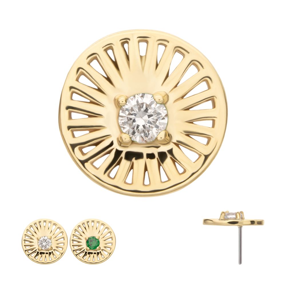 14Kt Yellow Gold Threadless Prong Set Round CZ Gem on a Radiant Round Shape Top