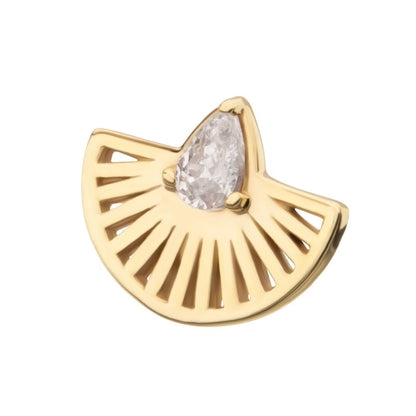 14Kt Yellow Gold Threadless Prong Set Teardrop CZ Gem on a Radiant Fan Shape Top