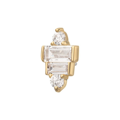 14Kt Gold Threadless 3D Geometric Baguette & Round Gem Top