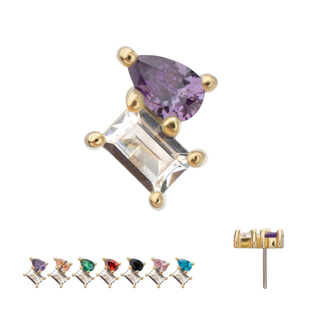 14Kt Yellow Gold Threadless Baguette & Teardrop Prong Set Multi-Gem Top