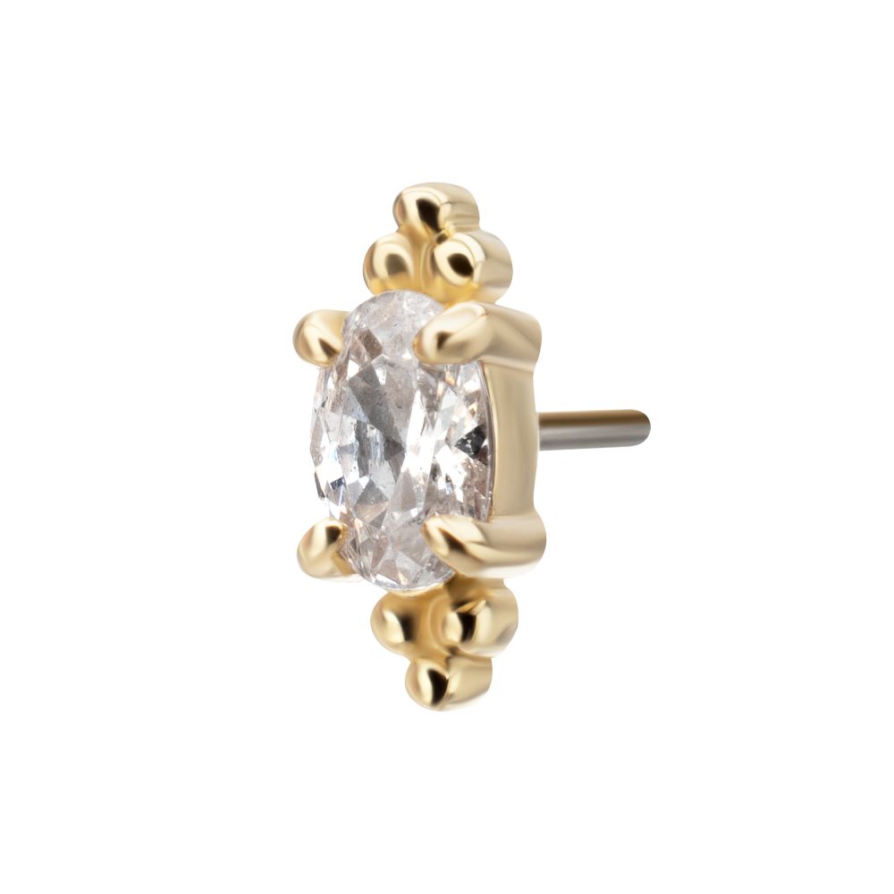 14Kt Yellow Gold Threadless Prong Set Oval Gem with Tri-bead Top