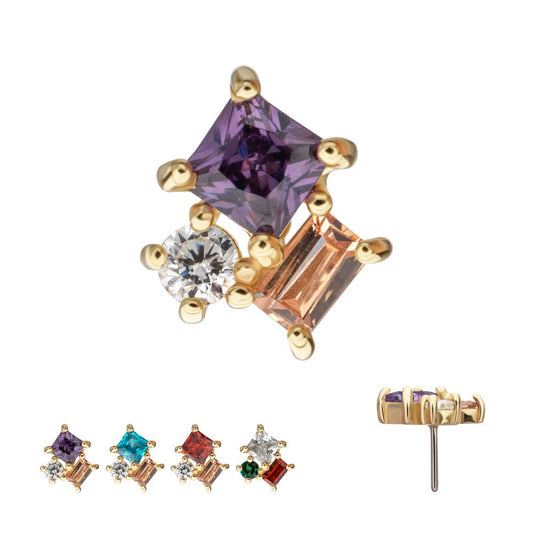 14Kt Yellow Gold Threadless 3-Cluster Round, Square & Baguette Prong Set Multi-Gem Top