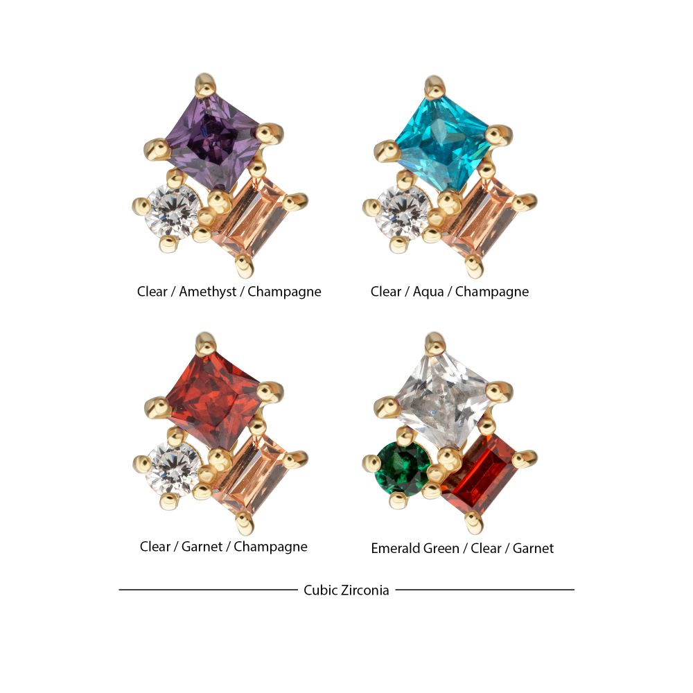 14Kt Yellow Gold Threadless 3-Cluster Round, Square & Baguette Prong Set Multi-Gem Top