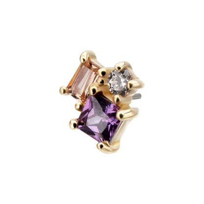 14Kt Yellow Gold Threadless 3-Cluster Round, Square & Baguette Prong Set Multi-Gem Top