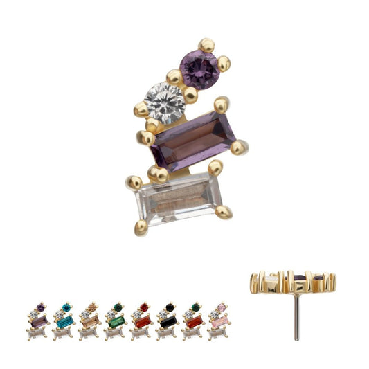 14Kt Yellow Gold Threadless 4-Staggered Baguette Cluster Prong Set Multi-Gem Top