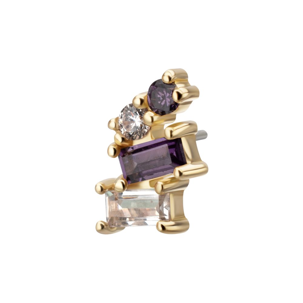 14Kt Yellow Gold Threadless 4-Staggered Baguette Cluster Prong Set Multi-Gem Top