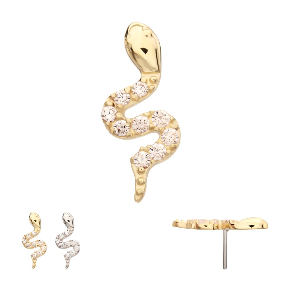 14Kt Gold Threadless Sculptural S-shaped Snake Top with 9 Pave Set Gem