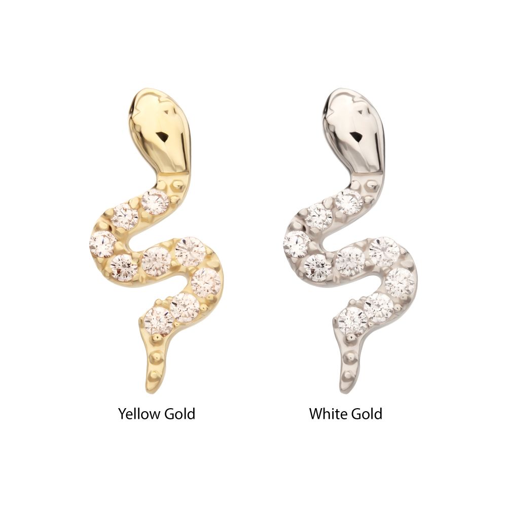 14Kt Gold Threadless Sculptural S-shaped Snake Top with 9 Pave Set Gem