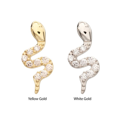 14Kt Gold Threadless Sculptural S-shaped Snake Top with 9 Pave Set Gem