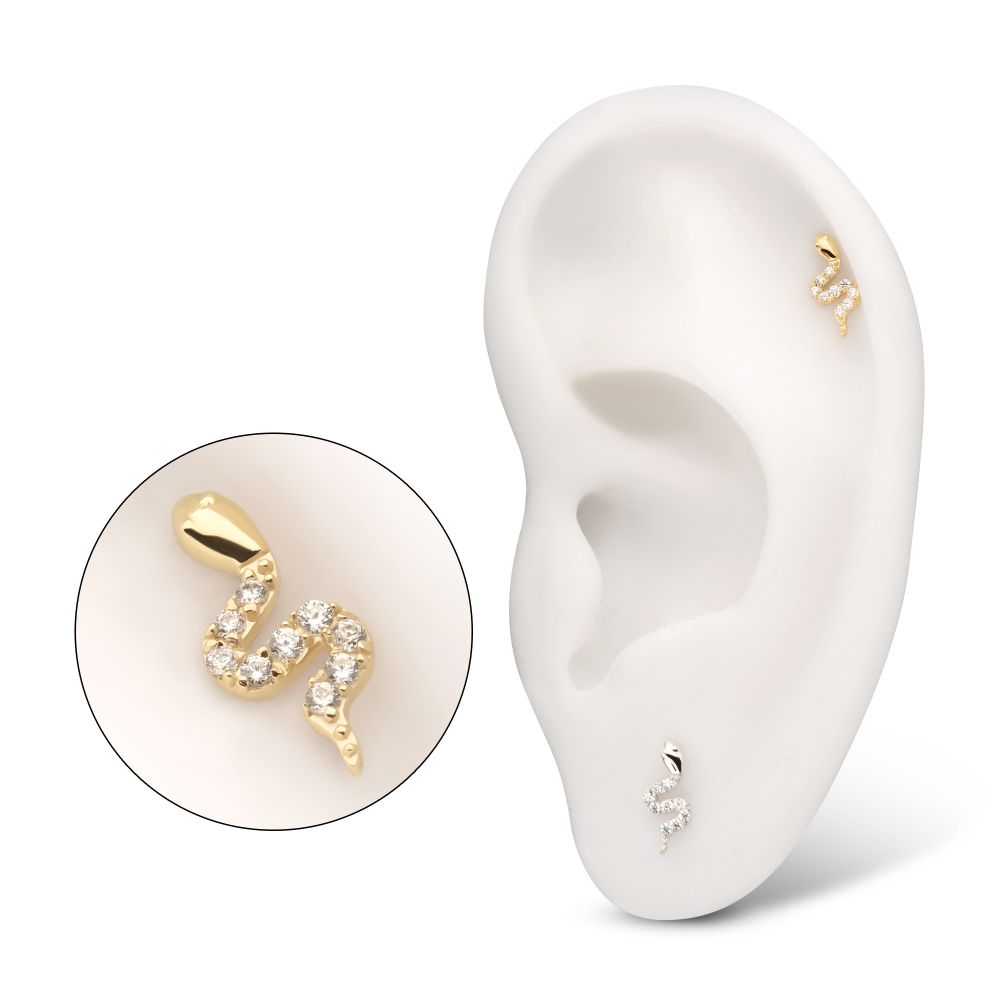 14Kt Gold Threadless Sculptural S-shaped Snake Top with 9 Pave Set Gem