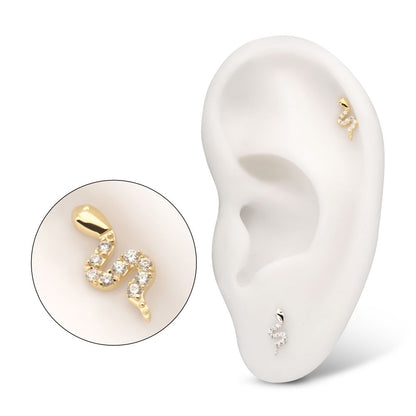 14Kt Gold Threadless Sculptural S-shaped Snake Top with 9 Pave Set Gem