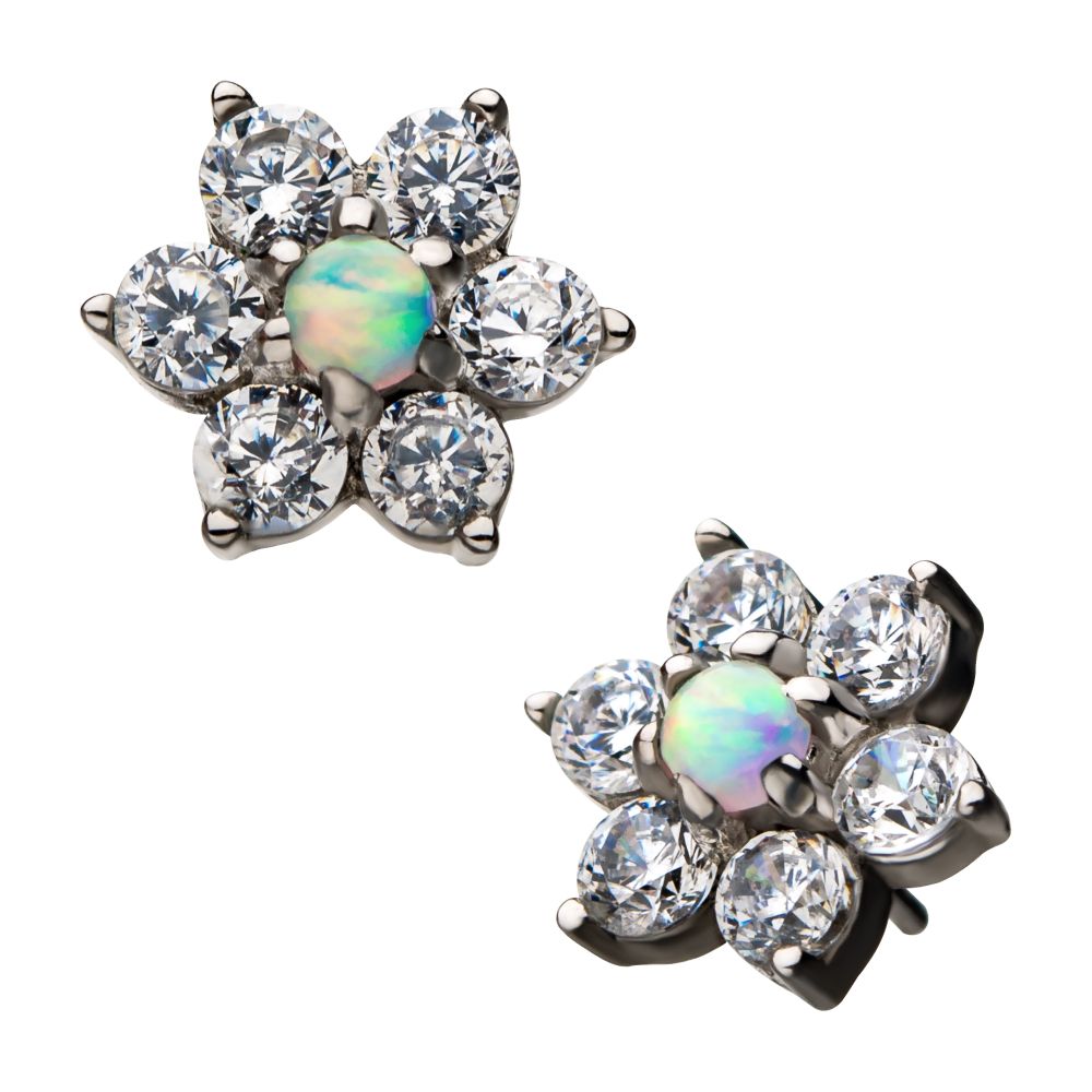 14kt White Gold Threadless 6-Clear CZs and White Synthetic Opal Top