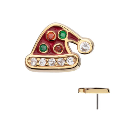 14Kt Yellow Gold Threadless Clear/Garnet/Green Gem with Red Enamel Santa Hat Top
