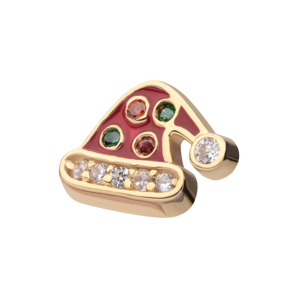 14Kt Yellow Gold Threadless Clear/Garnet/Green Gem with Red Enamel Santa Hat Top