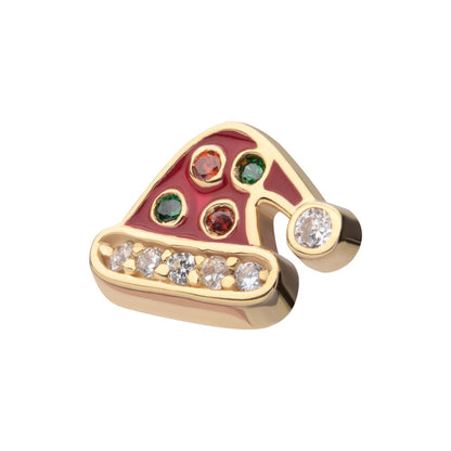14Kt Yellow Gold Threadless Clear/Garnet/Green Gem with Red Enamel Santa Hat Top