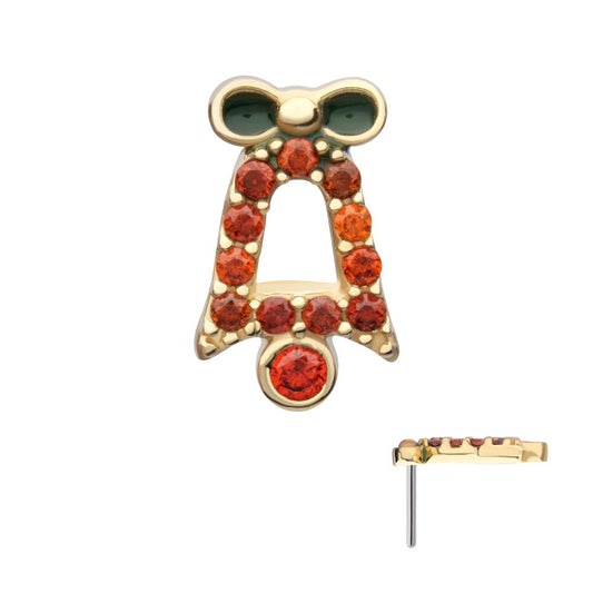14Kt Yellow Gold Threadless Garnet Gem with Green Enamel Christmas Bell Top