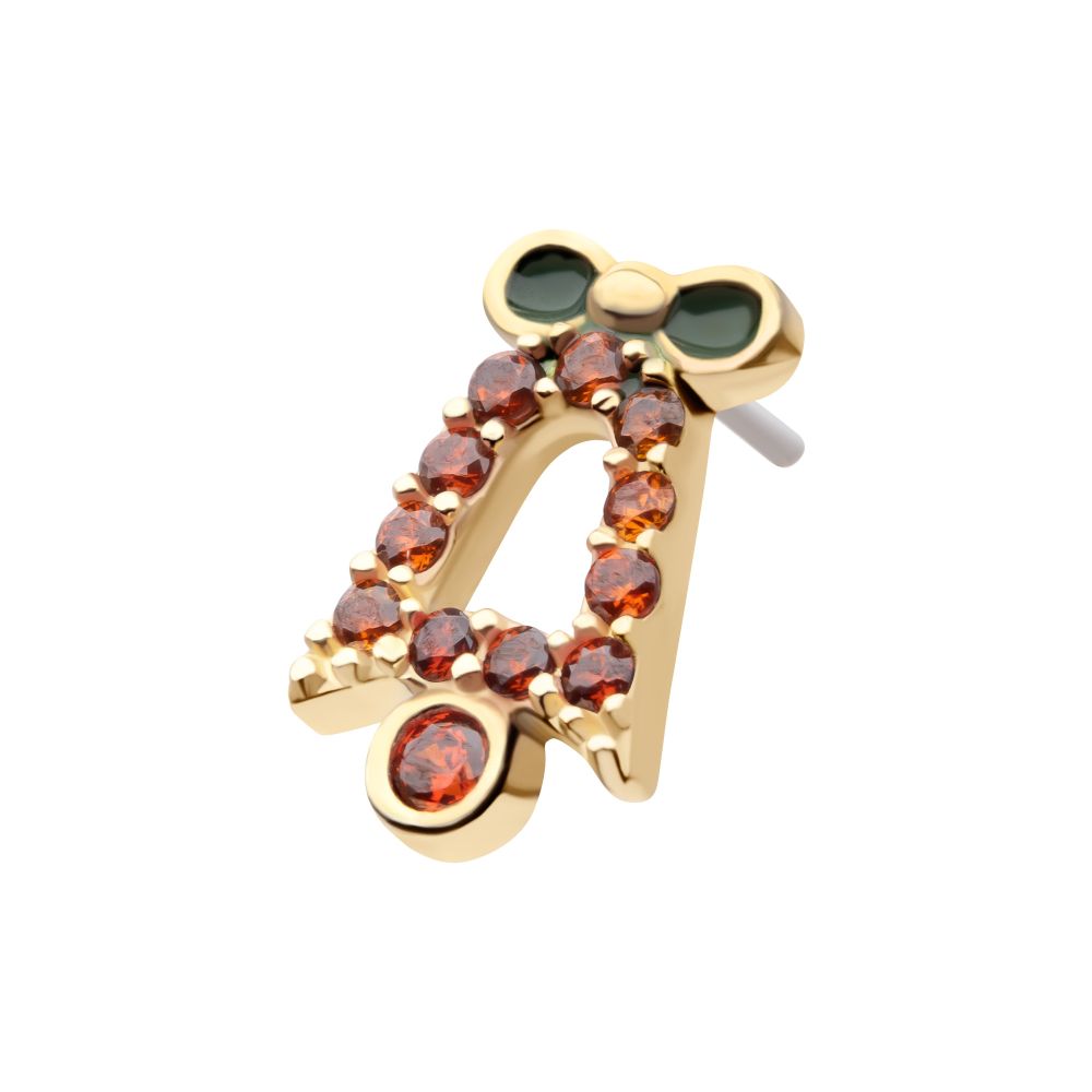 14Kt Yellow Gold Threadless Garnet Gem with Green Enamel Christmas Bell Top