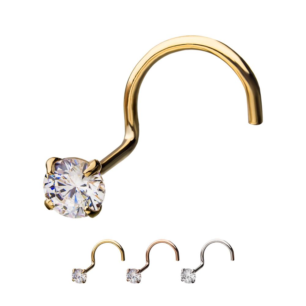 14kt Gold Nose Screw with a 3mm Clear CZ Gem Top
