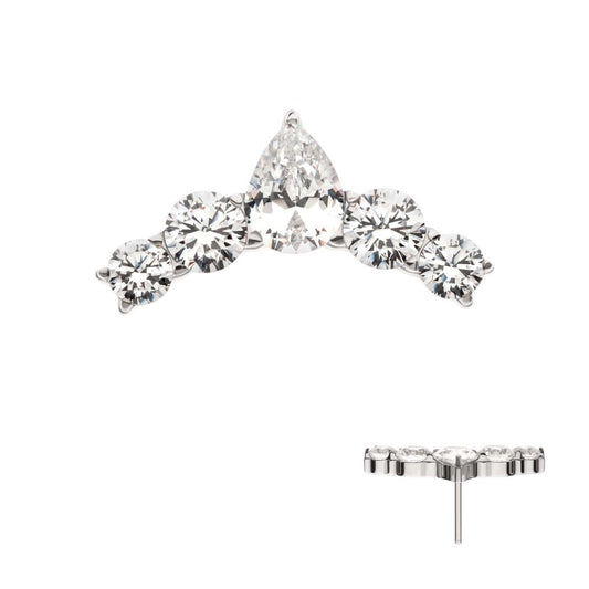14Kt White Gold Threadless Curved Bar Top with Round & Teadrop Gem Cluster