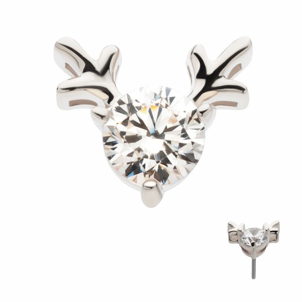 14Kt White Gold Threadless Prong Set 3mm Clear CZ Reindeer Top