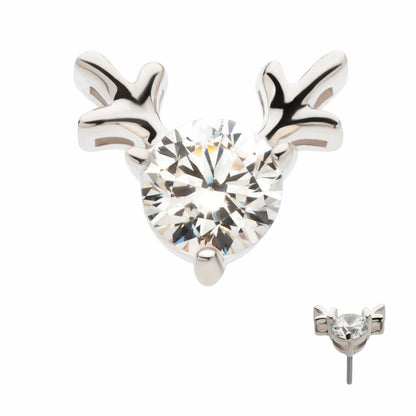 14Kt White Gold Threadless Prong Set 3mm Clear CZ Reindeer Top