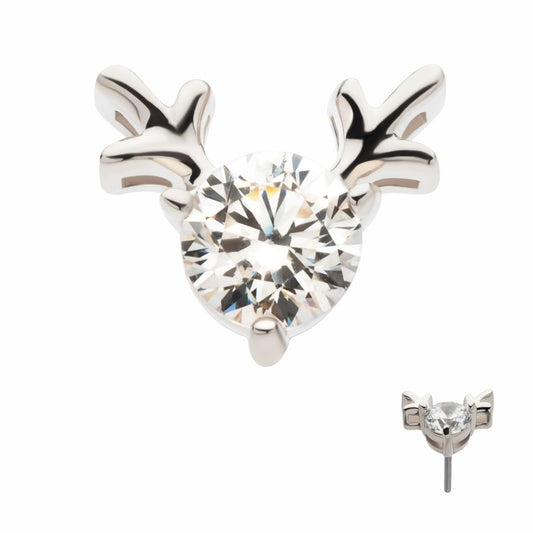 14Kt White Gold Threadless Prong Set 3mm Clear CZ Reindeer Top