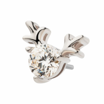 14Kt White Gold Threadless Prong Set 3mm Clear CZ Reindeer Top