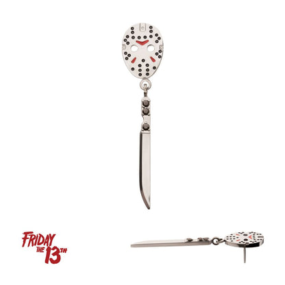 Titanium-Threadless Enamel Friday The 13th Jason Mask Top with Black Gem Knife Dangles