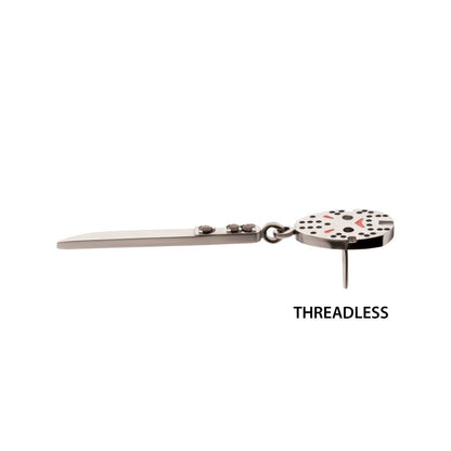 Titanium-Threadless Enamel Friday The 13th Jason Mask Top with Black Gem Knife Dangles
