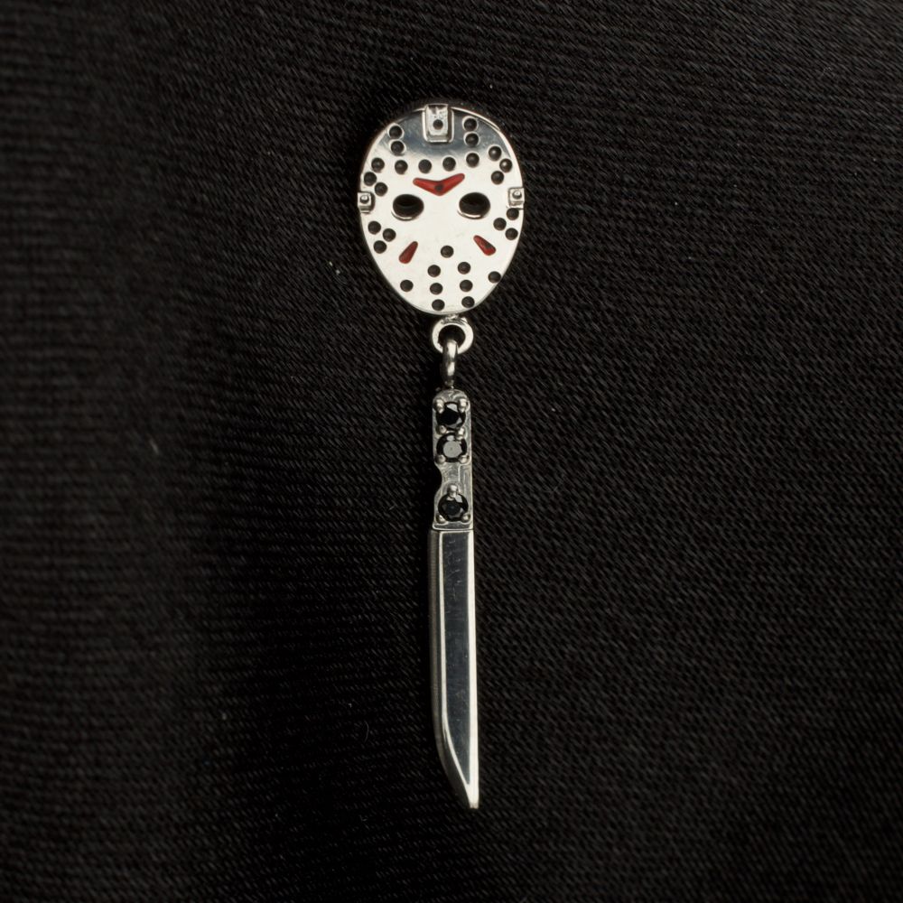 Titanium-Threadless Enamel Friday The 13th Jason Mask Top with Black Gem Knife Dangles