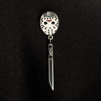 Titanium-Threadless Enamel Friday The 13th Jason Mask Top with Black Gem Knife Dangles