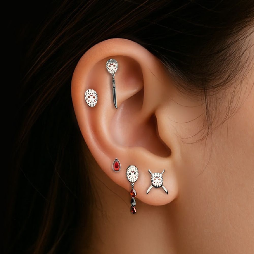 Titanium-Threadless Enamel Friday The 13th Jason Mask Top with Black Gem Knife Dangles