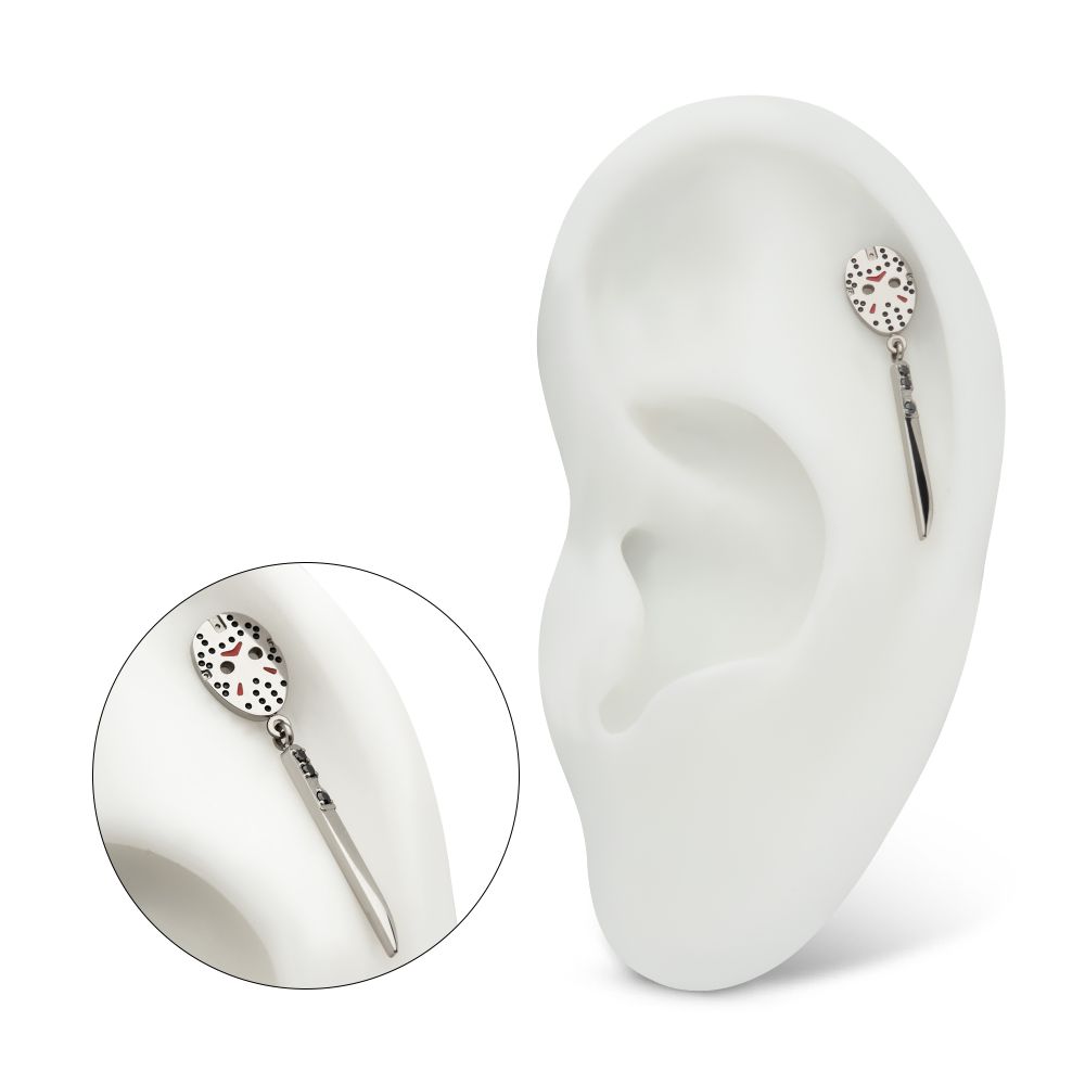 Titanium-Threadless Enamel Friday The 13th Jason Mask Top with Black Gem Knife Dangles