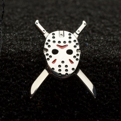 Titanium-Threadless Enamel Friday The 13th Jason Mask with Crossed Machete Tops