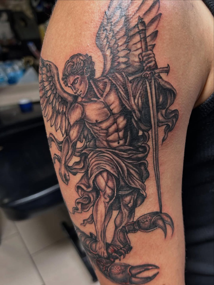 Tattoo by Manny at Z-Edge Gulf Gate: archangel michael black grey upper arm