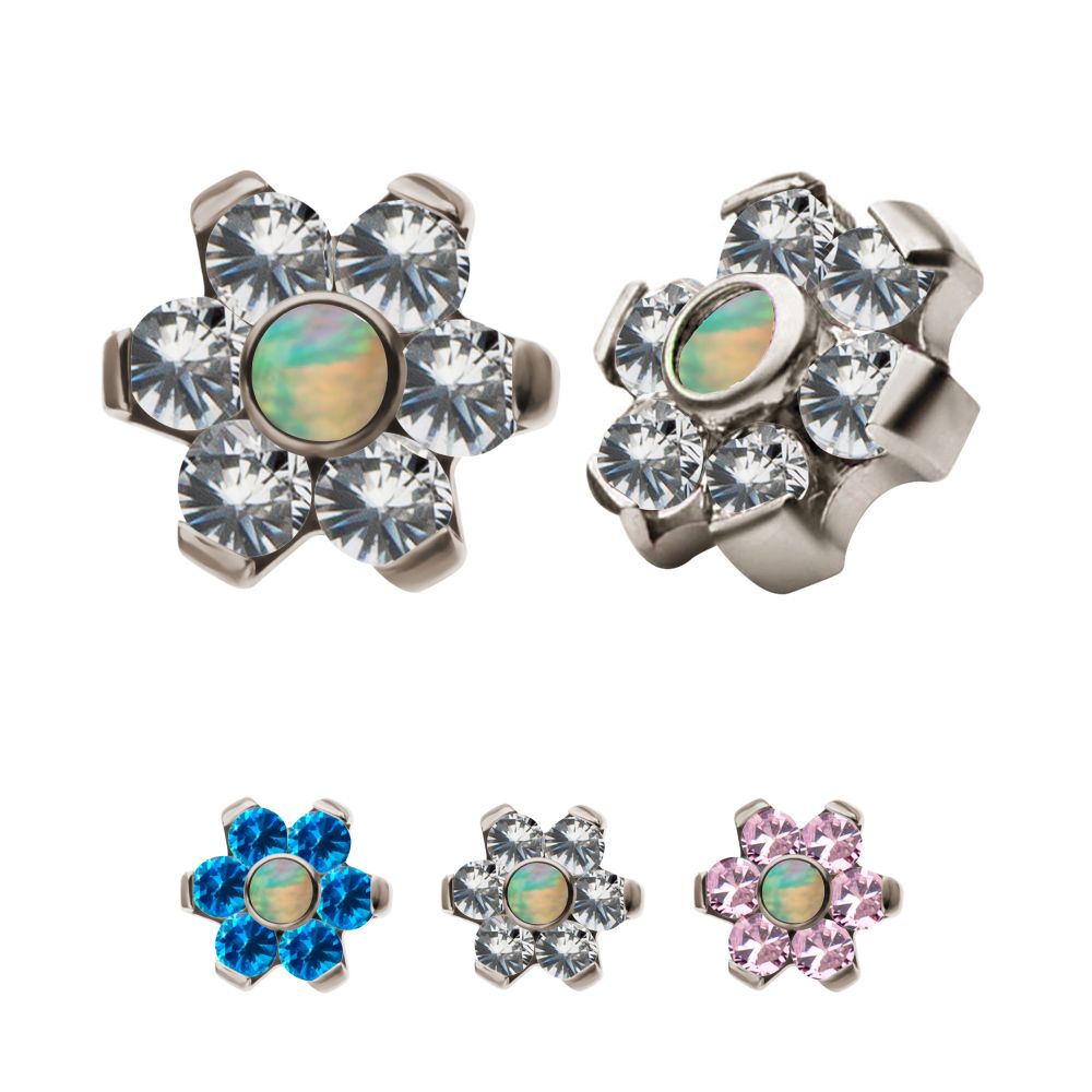 Titanium Internally Threaded White Synthetic Opal and CZ Gem Flower Top