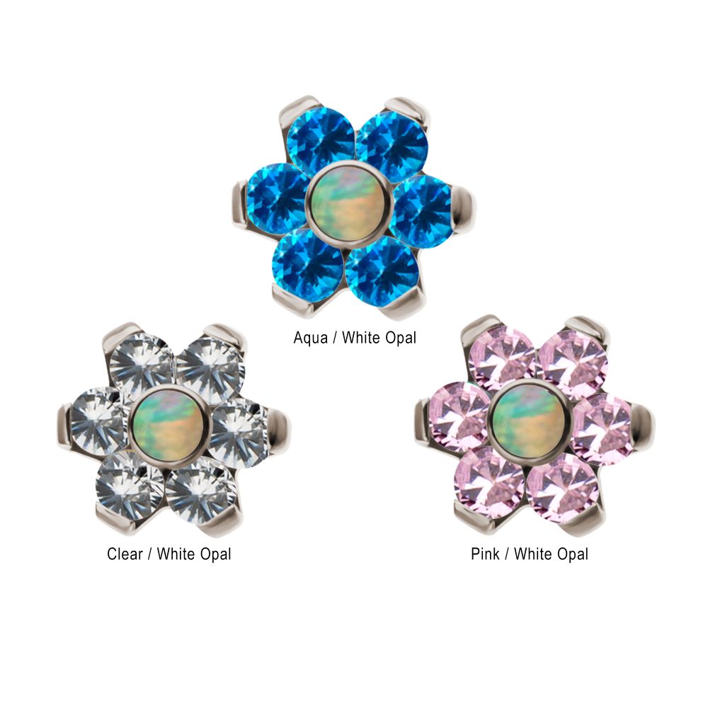 Titanium Internally Threaded White Synthetic Opal and CZ Gem Flower Top
