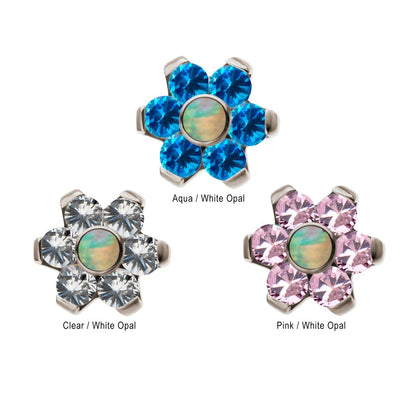 Titanium Internally Threaded White Synthetic Opal and CZ Gem Flower Top