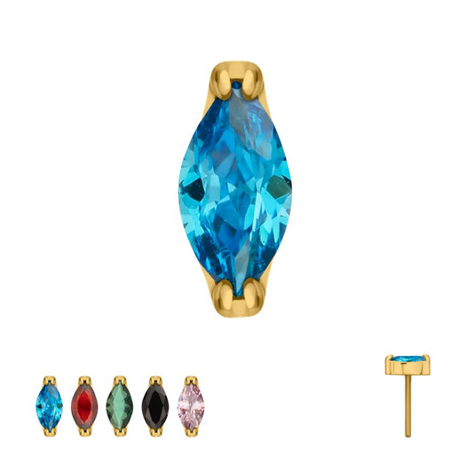 24KT Gold PVD Titanium Threadless Double V-Prong 3mm Marquise CZ Gem Top