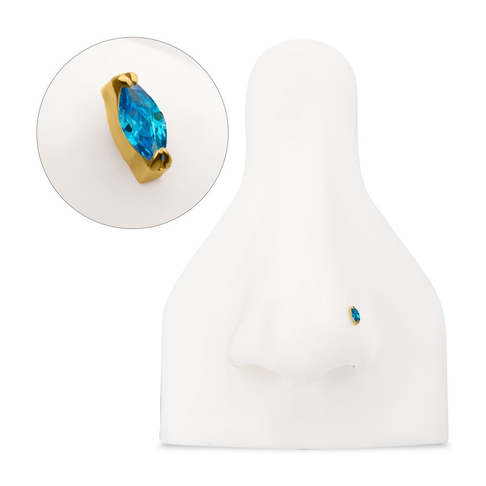 24KT Gold PVD Titanium Threadless Double V-Prong 3mm Marquise CZ Gem Top