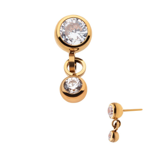 24Kt Gold PVD Titanium Threadless Double Bezel Set CZ Dangle Top