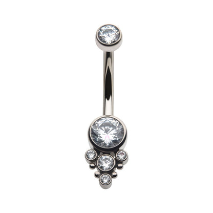 Titanium Internally Threaded with Beaded Bezel Set CZ Terraced Cluster Navel Curve