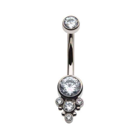Titanium Internally Threaded with Beaded Bezel Set CZ Terraced Cluster Navel Curve
