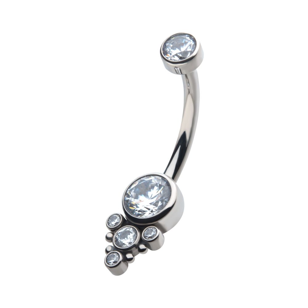 Titanium Internally Threaded with Beaded Bezel Set CZ Terraced Cluster Navel Curve