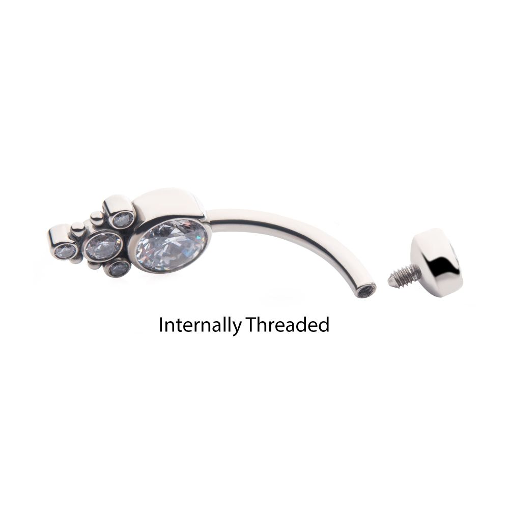 Titanium Internally Threaded with Beaded Bezel Set CZ Terraced Cluster Navel Curve